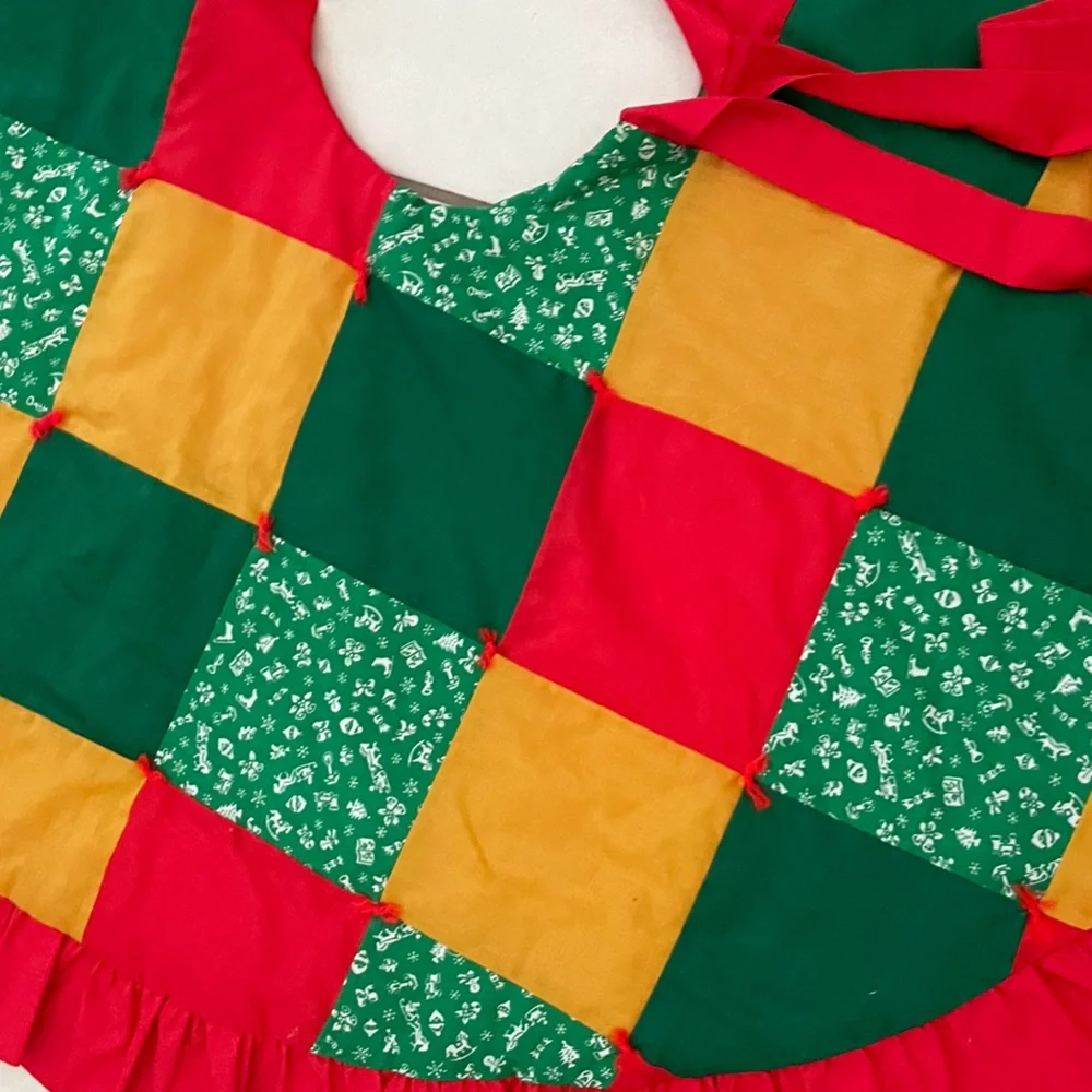 Vintage Handmade Patchwork Multicolor tree skirt with ruffle Red, Green, Gold